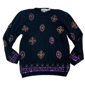 Creazioni effeci black purple gold beaded sweater. Large